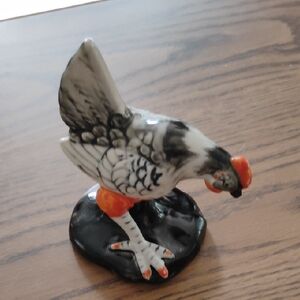 Ceramic Bird Perch Ornament in Black, White & Orange - Decorative Accent
